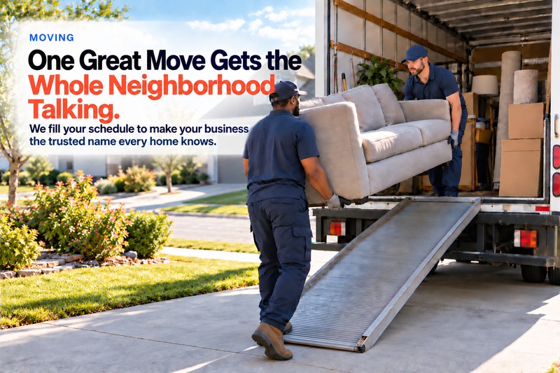 Movers carrying furniture up the ramp of a moving truck