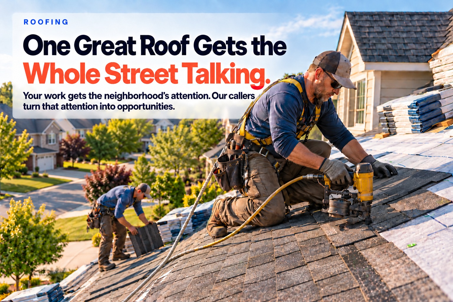A roofer nailing shingles with the crew working behind