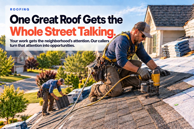 A roofer nailing shingles with the crew working behind