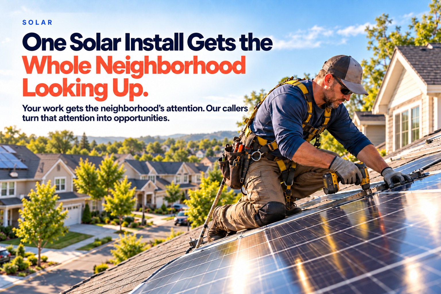 An installer fitting solar panels on a roof above a suburban street