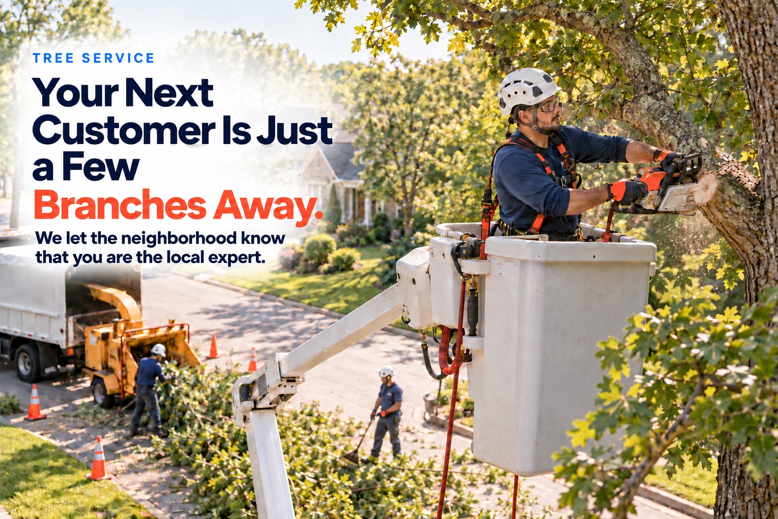 A tree crew working from a lift with the chipper truck on the street