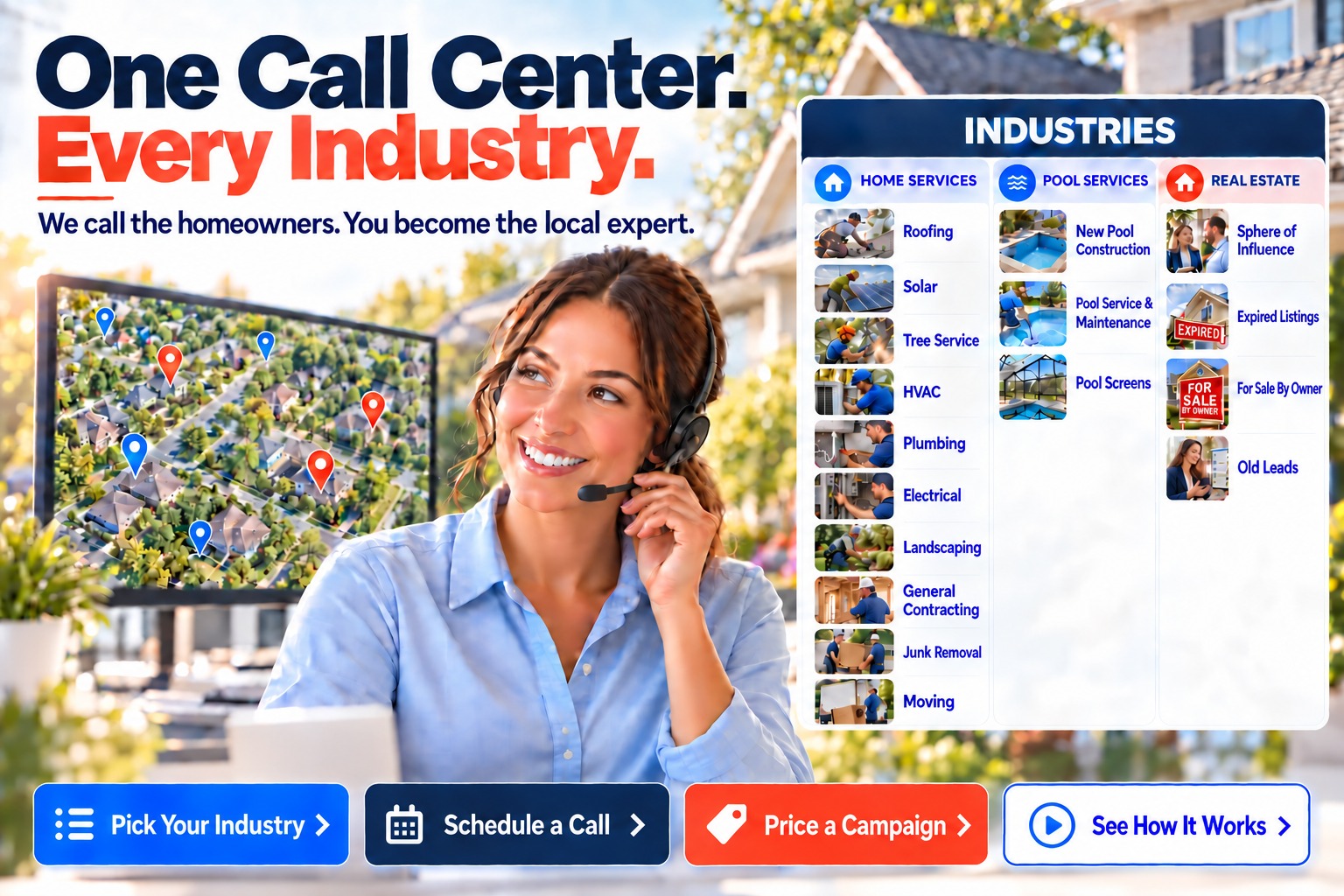 A HousingLeads caller on a headset beside a map of a neighbourhood, with the industries we call for listed alongside